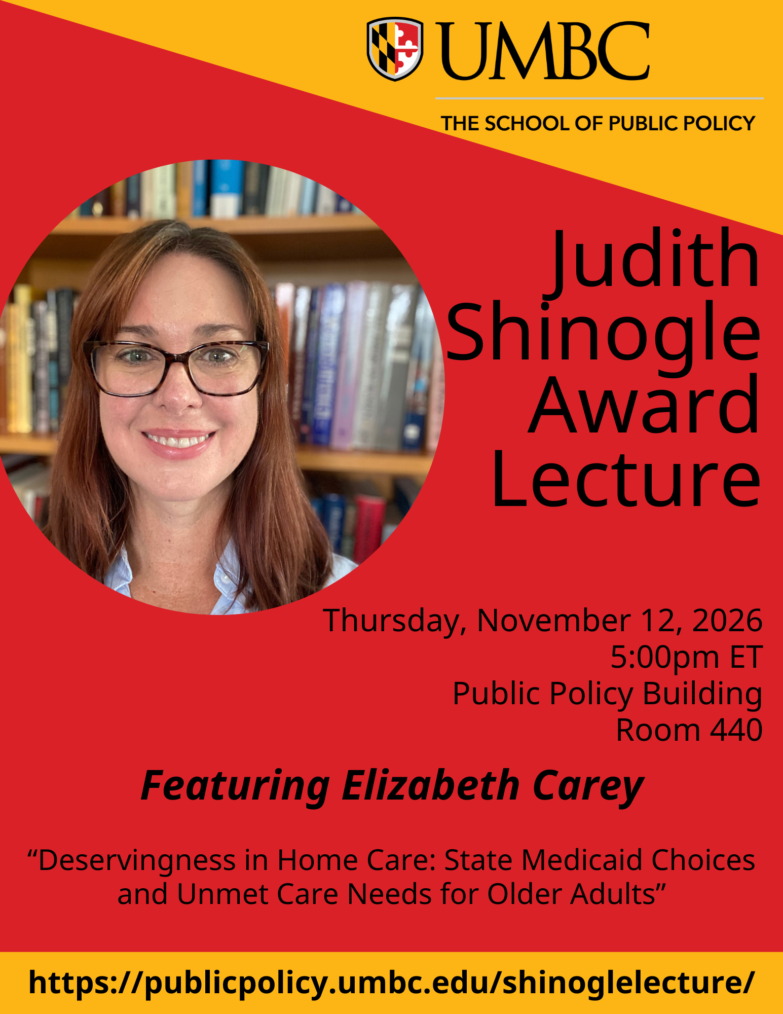 informational flyer including headshot of a woman with glasses, standing in front of books on a shelf