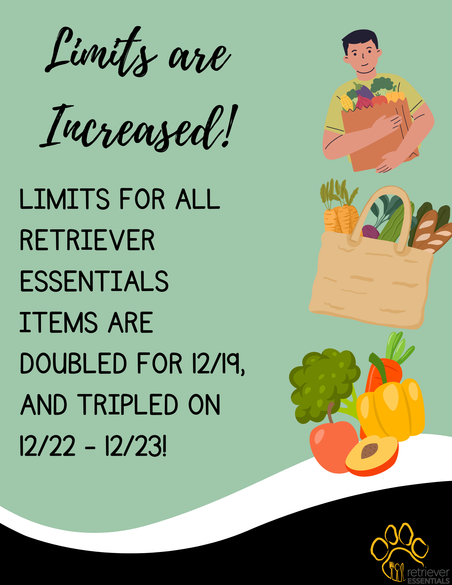 A flyer displaying the increased limits for Retriever Essentials. They are doubled on 12/19, and tripled on 12/22, and 12/23