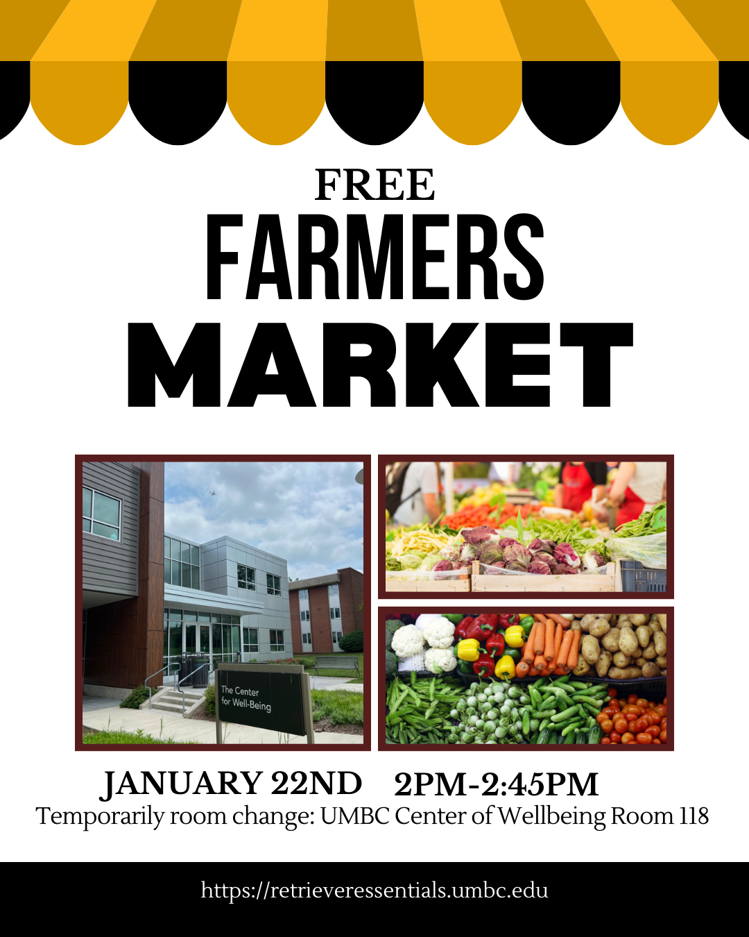 Flyer of the free farmers market change, to the center of wellbeing room 118