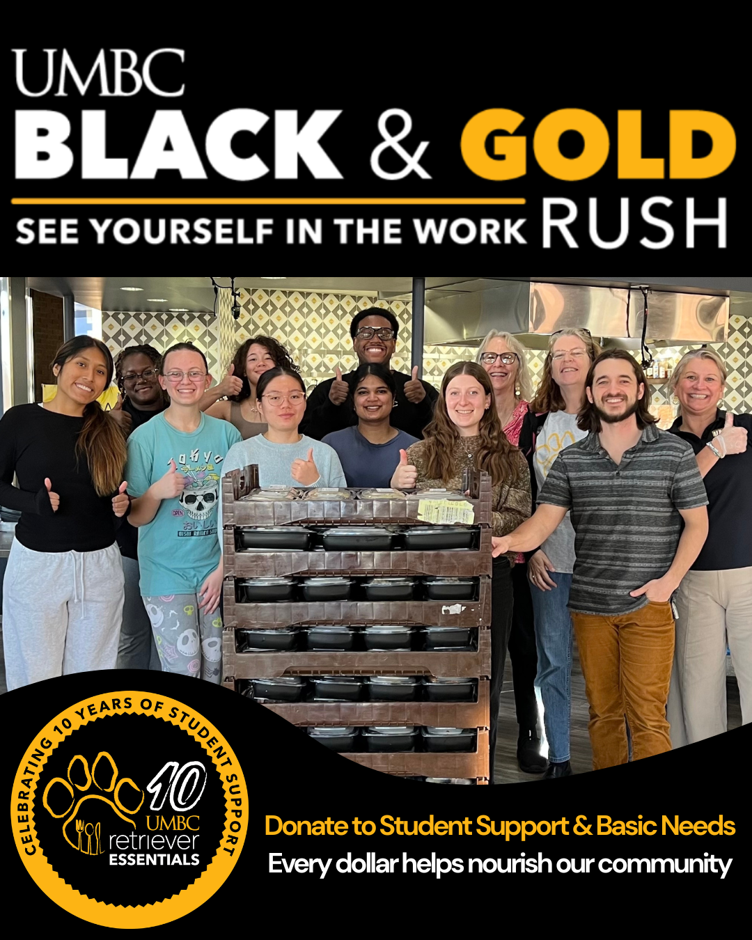 UMBC Black & Gold Rush promotion with an image of Retriever Essentials staff and volunteers packing meals.
