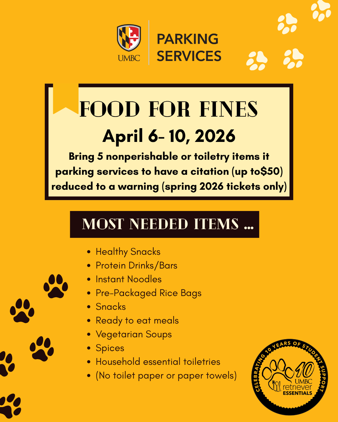 Flyer for UMBC Parking Services “Food for Fines” event (April 6–10, 2026): donate 5 nonperishable or toiletry items to reduce a parking citation of up to $50; list of most-needed items including healthy snacks, protein bars, instant noodles, pre-packaged rice bags, boxes of cereal, spices, ready to eat meals, vegetarian soups, etc.