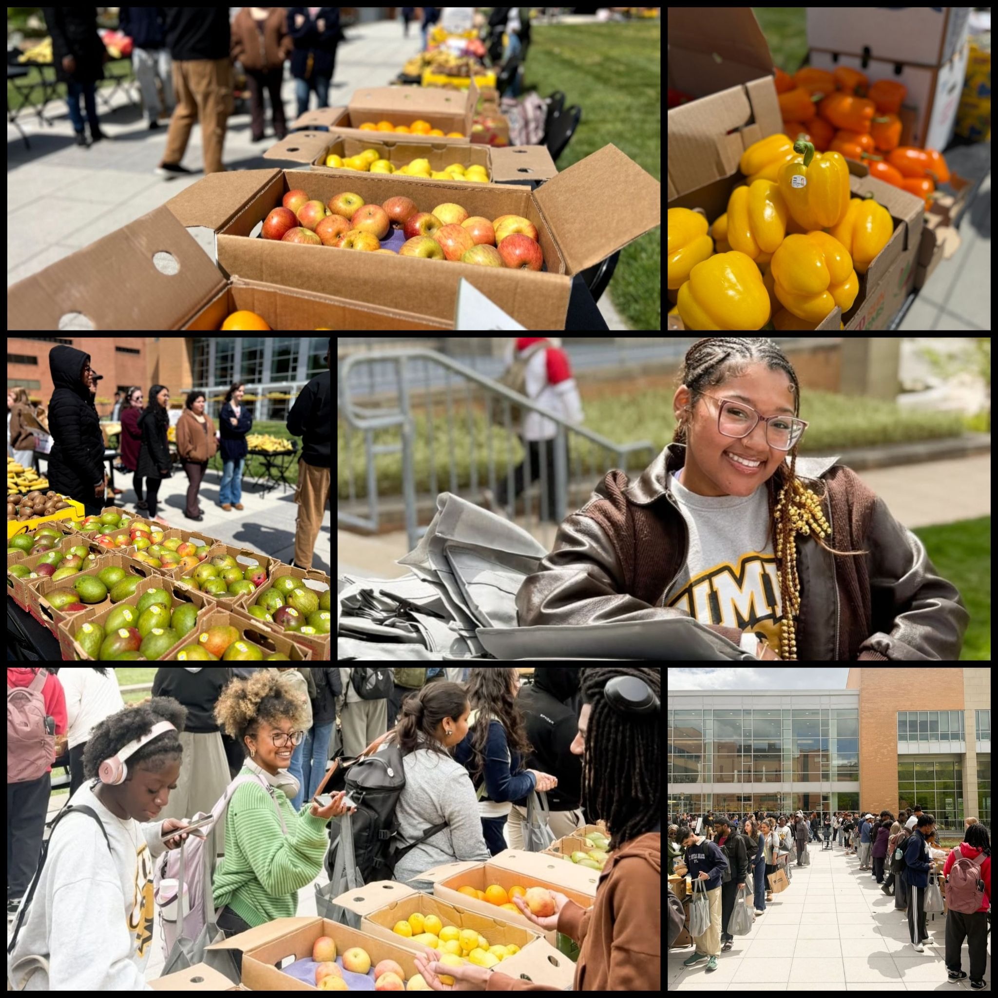 Flyer of 6 different images. First image showing a zoomed up photo of apples, the second showing a box of yellow and orange peppers, the third showing a group of people in front of a row of mangos, fourth showing a Earth Day free farmers market volunteer, and the fifth and sixth pictures showing the the line and free farmers market event
