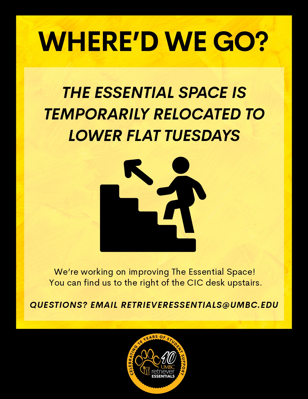 Flyer stating "Where did we go?" displaying that the Essentials Space has temporarily located to Lower Flat Tuesdays in preparations for the Essentials Space renovations.
