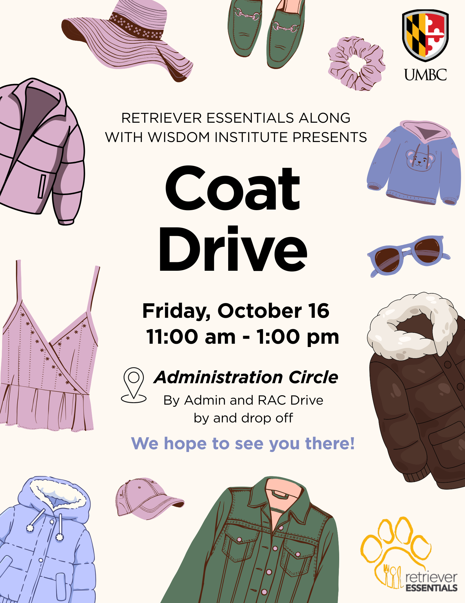 Flyer for a UMBC coat drive on Friday, October 16, from 11:00 a.m. to 1:00 p.m. at Administration Circle, featuring illustrations of coats, hats, shoes, and other clothing.