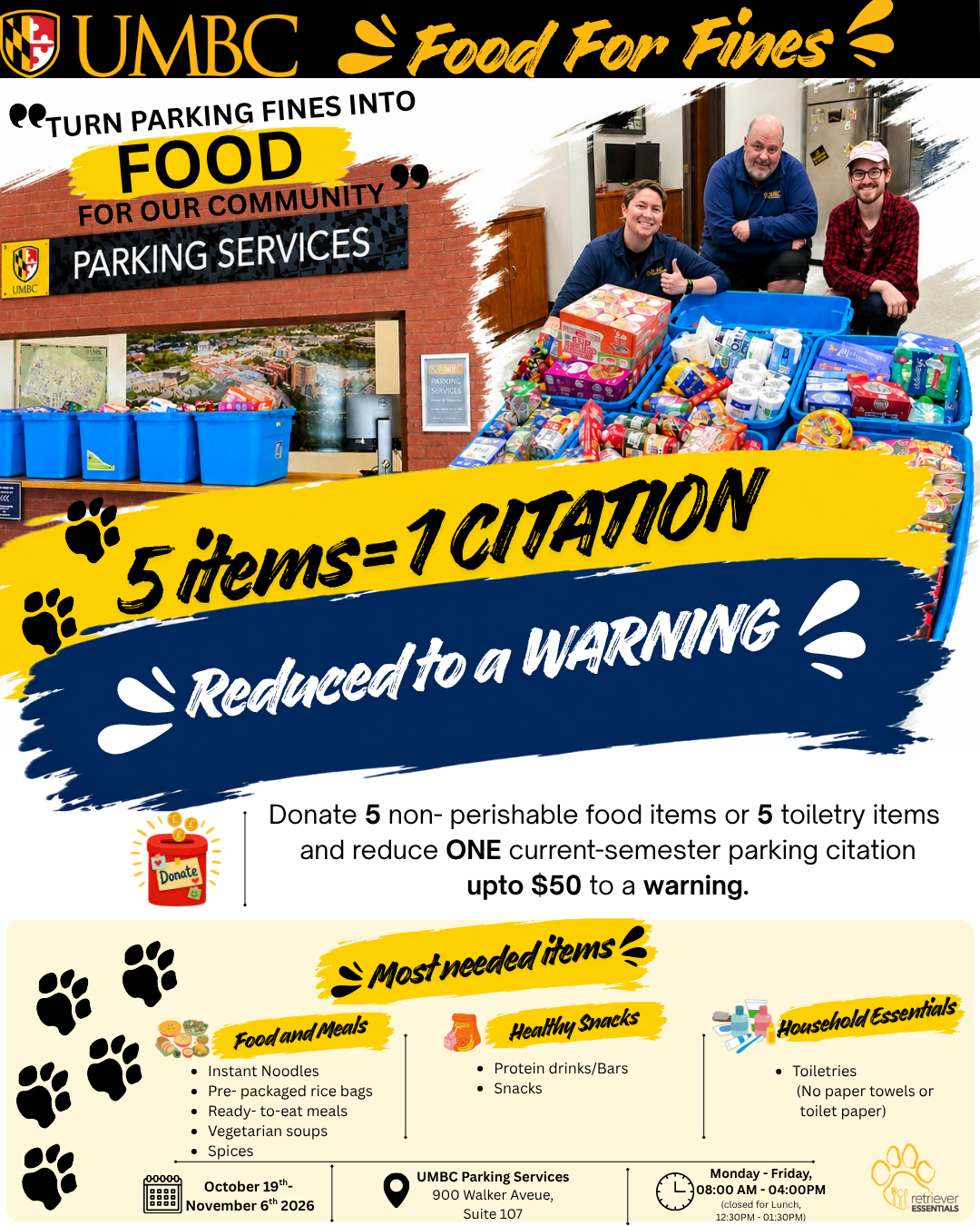 UMBC Food for Fines flyer: Donate five nonperishable food or toiletry items to reduce one current-semester parking citation up to $50 to a warning. October 19–November 6, 2026, at UMBC Parking Services.