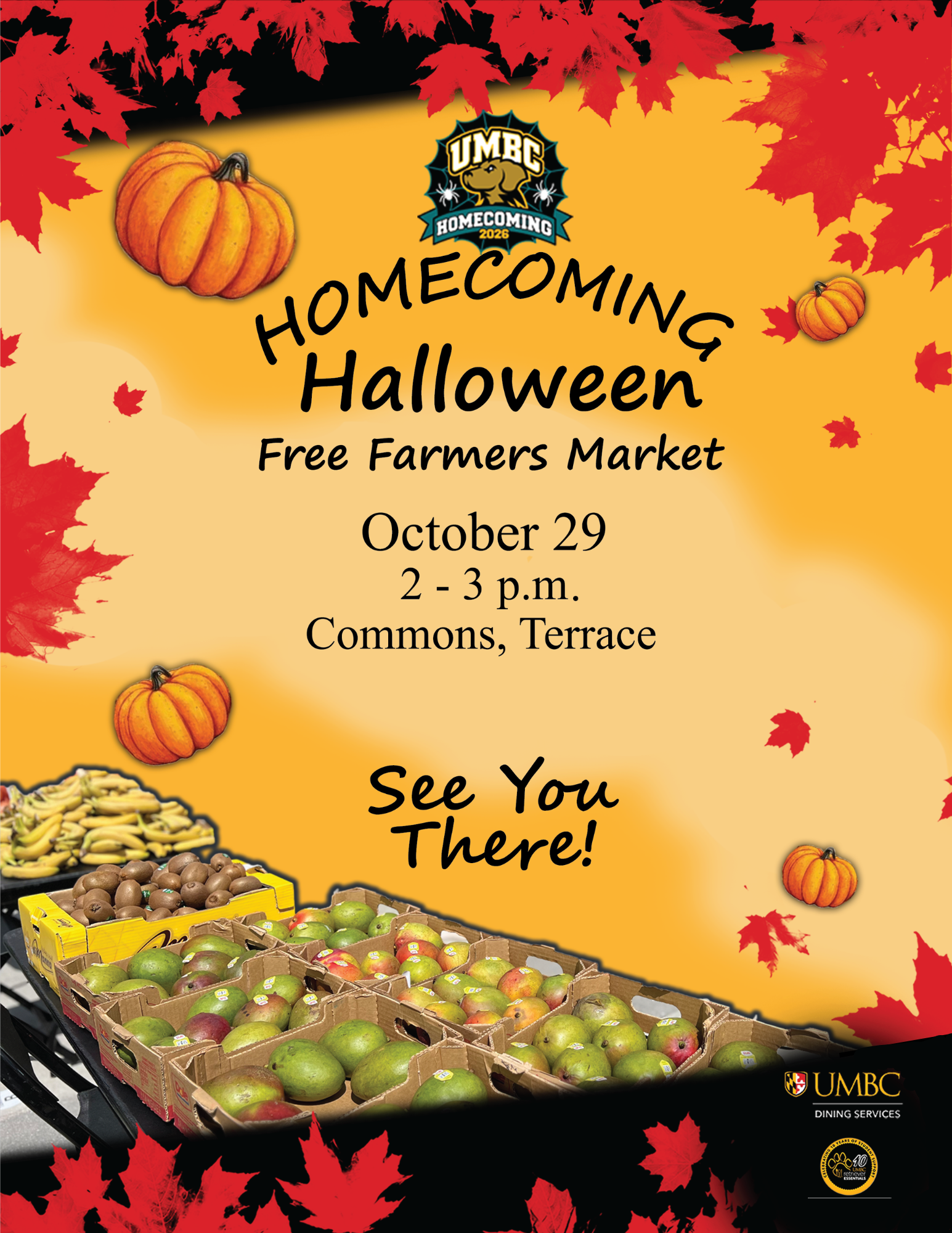 UMBC Homecoming Halloween Free Farmers Market flyer: October 29, 2026, 2–3 p.m., Commons Terrace. Decorated with pumpkins, autumn leaves, and fresh fruit.