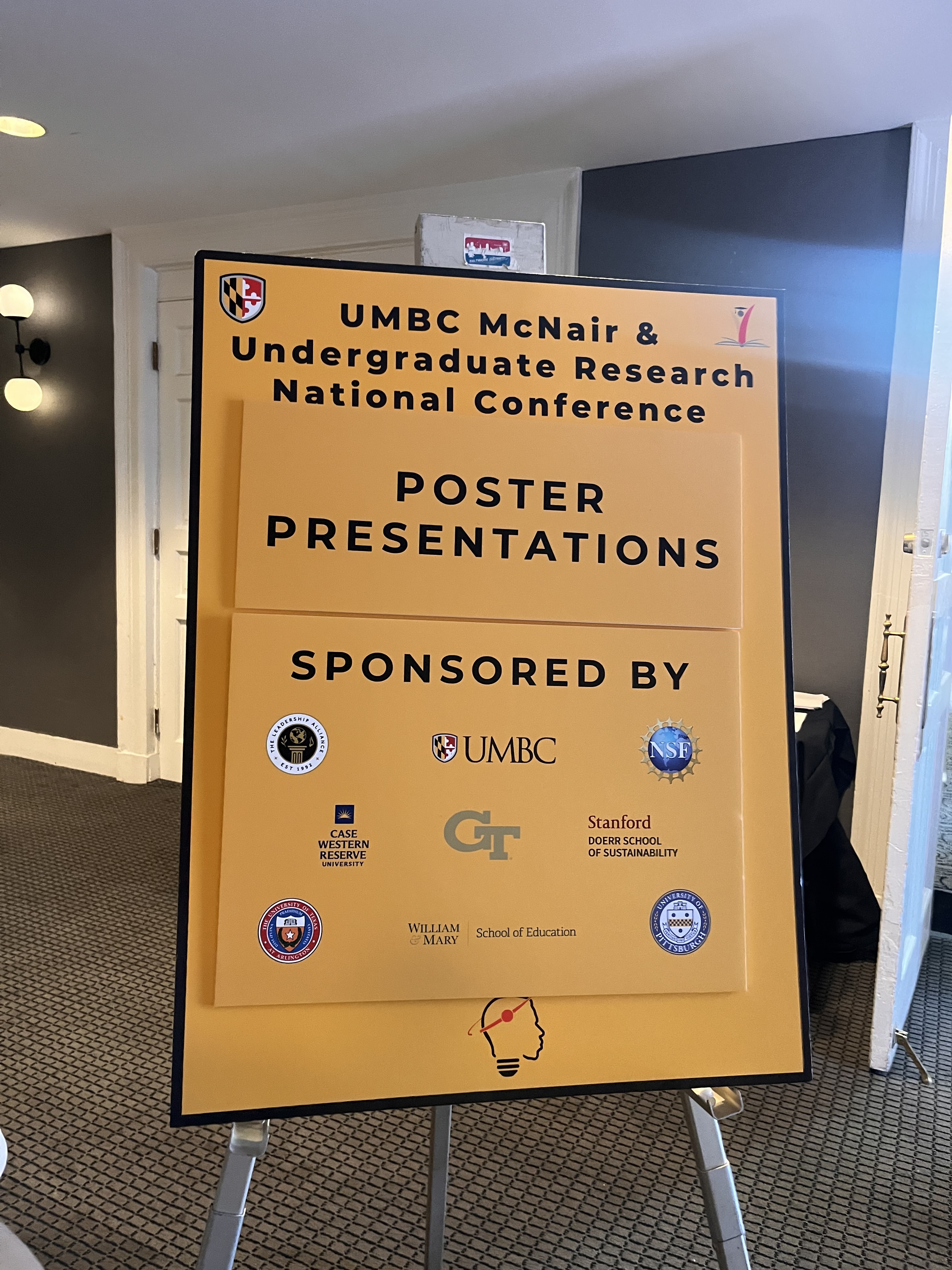 34th Annual UMBC McNair & Undergraduate Research National Conference poster presentations sign.