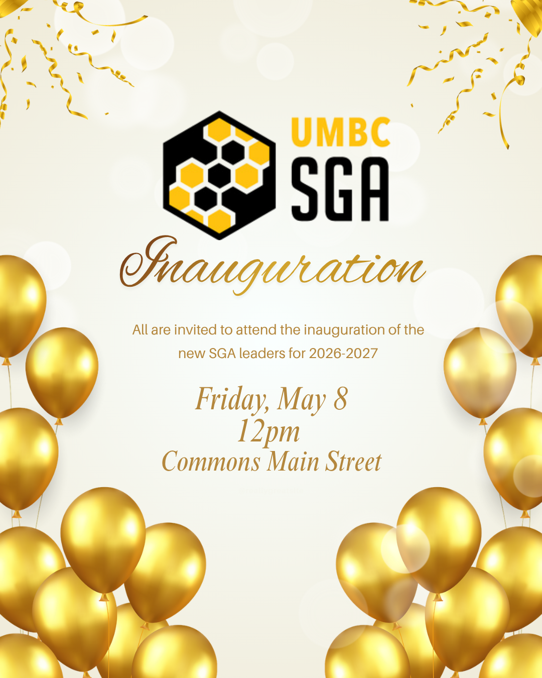 Inauguration invitation on cream background with UMBC SGA logo; gold balloons around edges