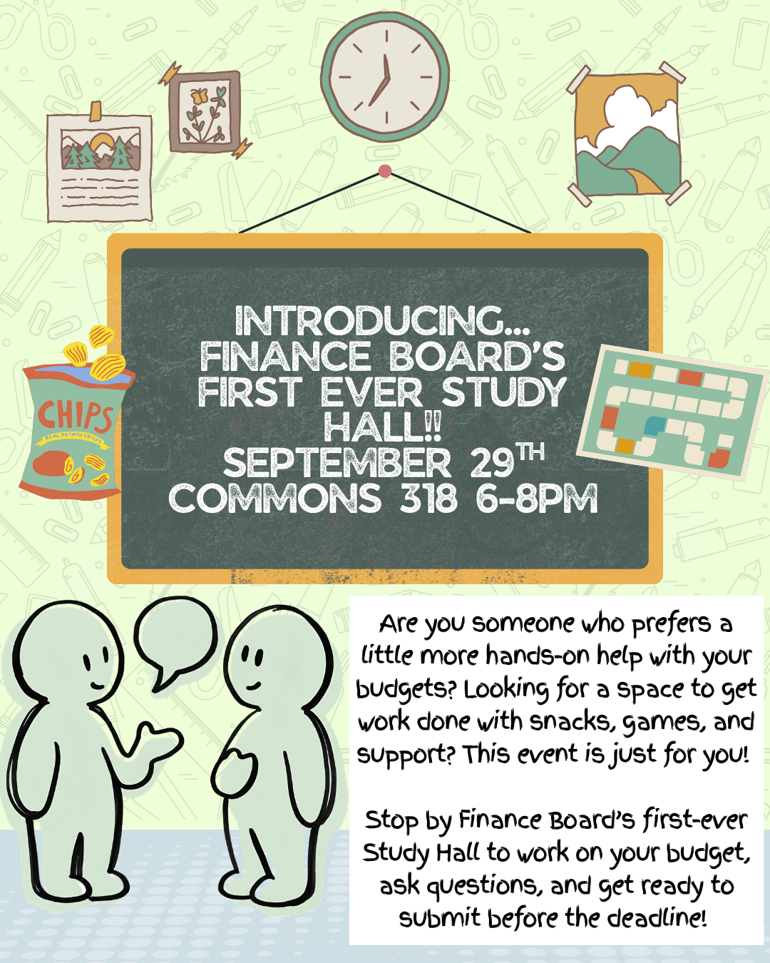 two emoji people in front of information about Finance Board study hall