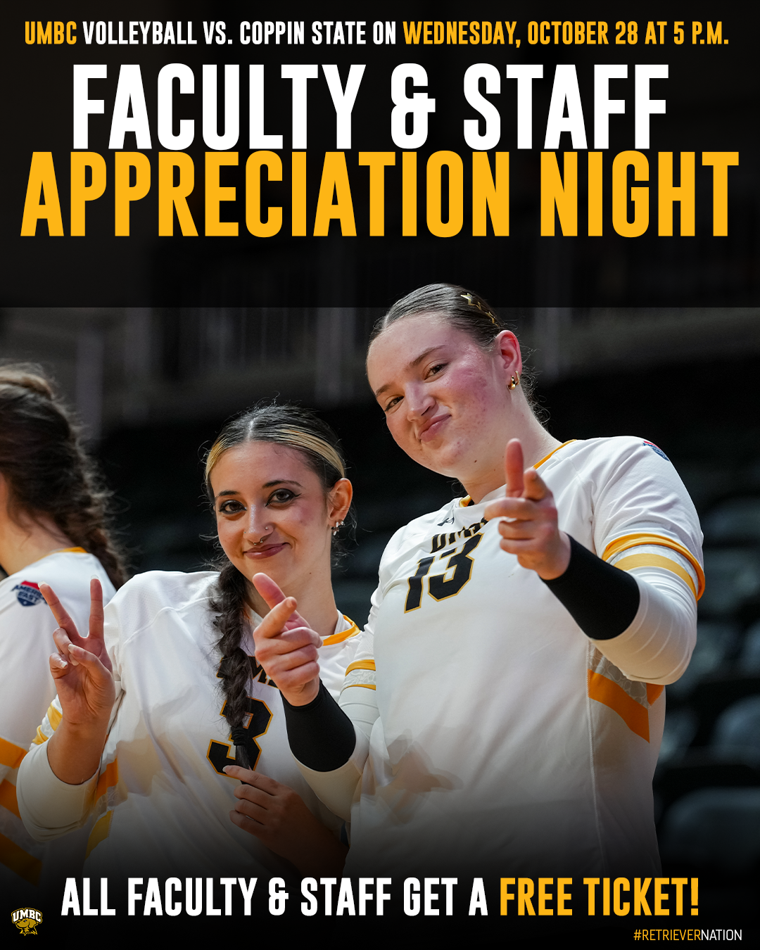 Two UMBC volleyball players looking at the camera