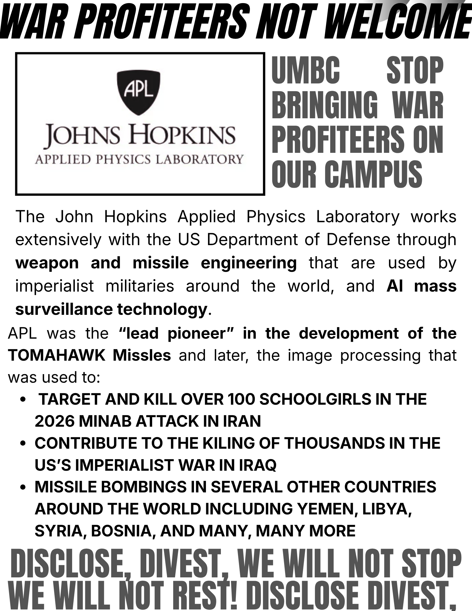 war profiteers are not welcome on our campus