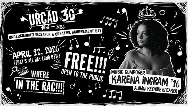 "A stylized graphic promoting u-m-b-c annual research event for undergraduate students"