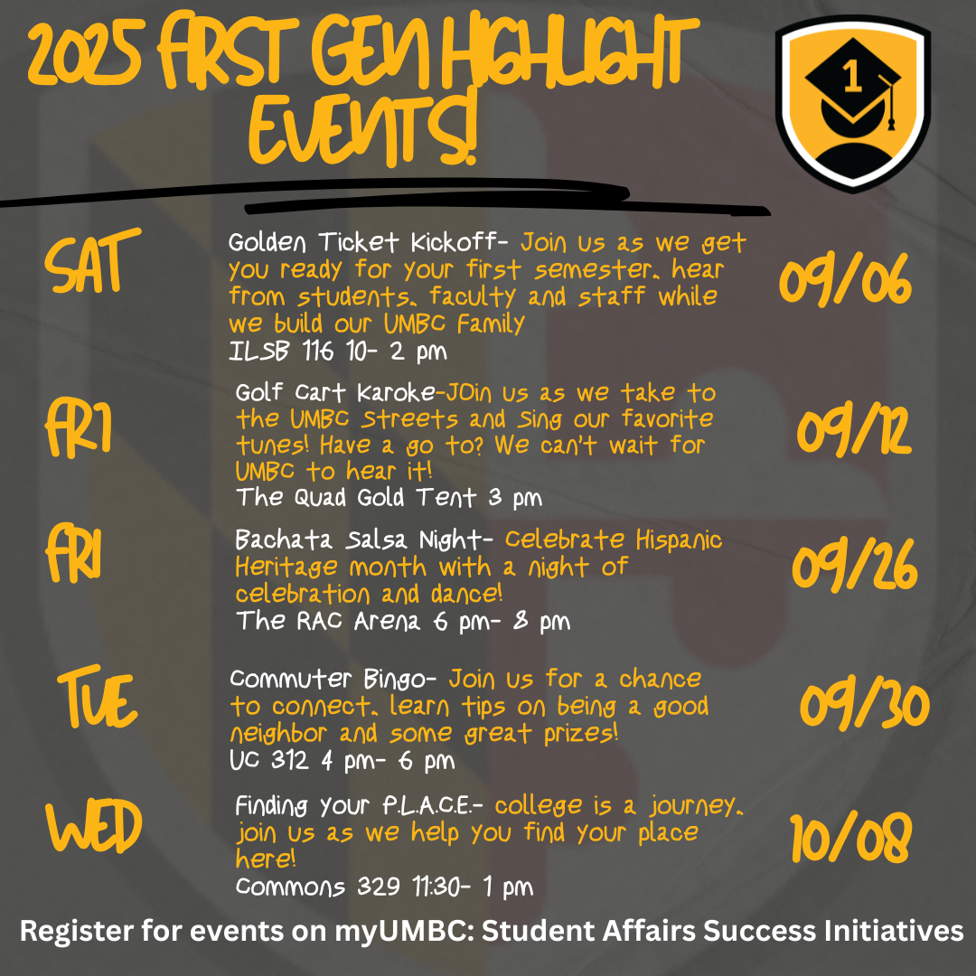 This flyer showcases a list of events curated for First Generation Student Success. All events on the flyer can be found under the events tab!