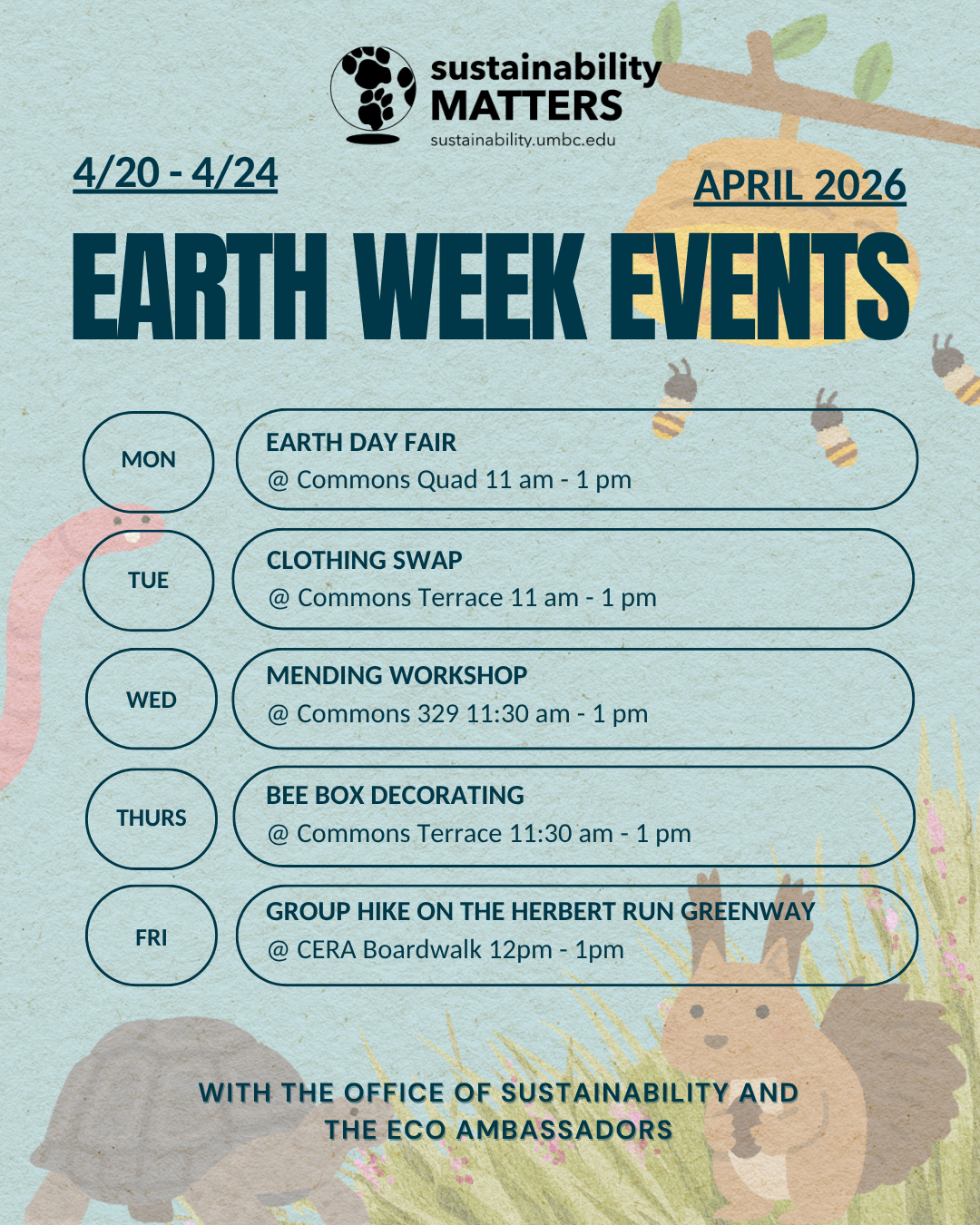 Flyer with Earth Week event dates and times as listed above.