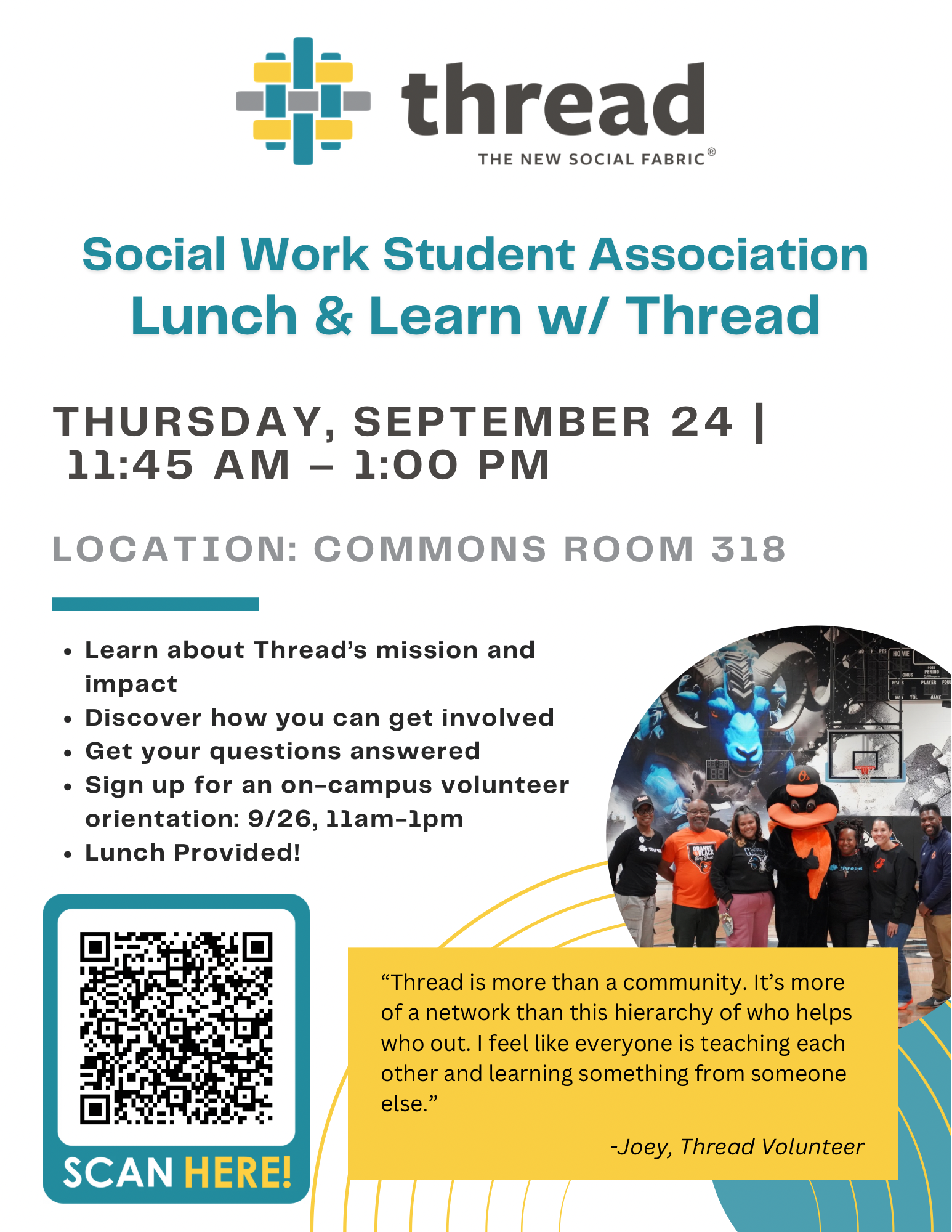 Flyer for the Lunch & Learn event with Thread on Thursday, September 24th from 11:45am to 1pm in room Commons 318. Lunch will be provided but prior registration is required. The link to register can be found in the main post. The flyer features a picture of Thread volunteers with the mascot from the Orioles.