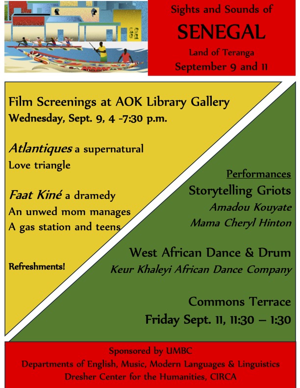 Poster for Sights and Sounds of Senegal event on September 9 and 11. The poster is red, yellow, and green with black text on top.