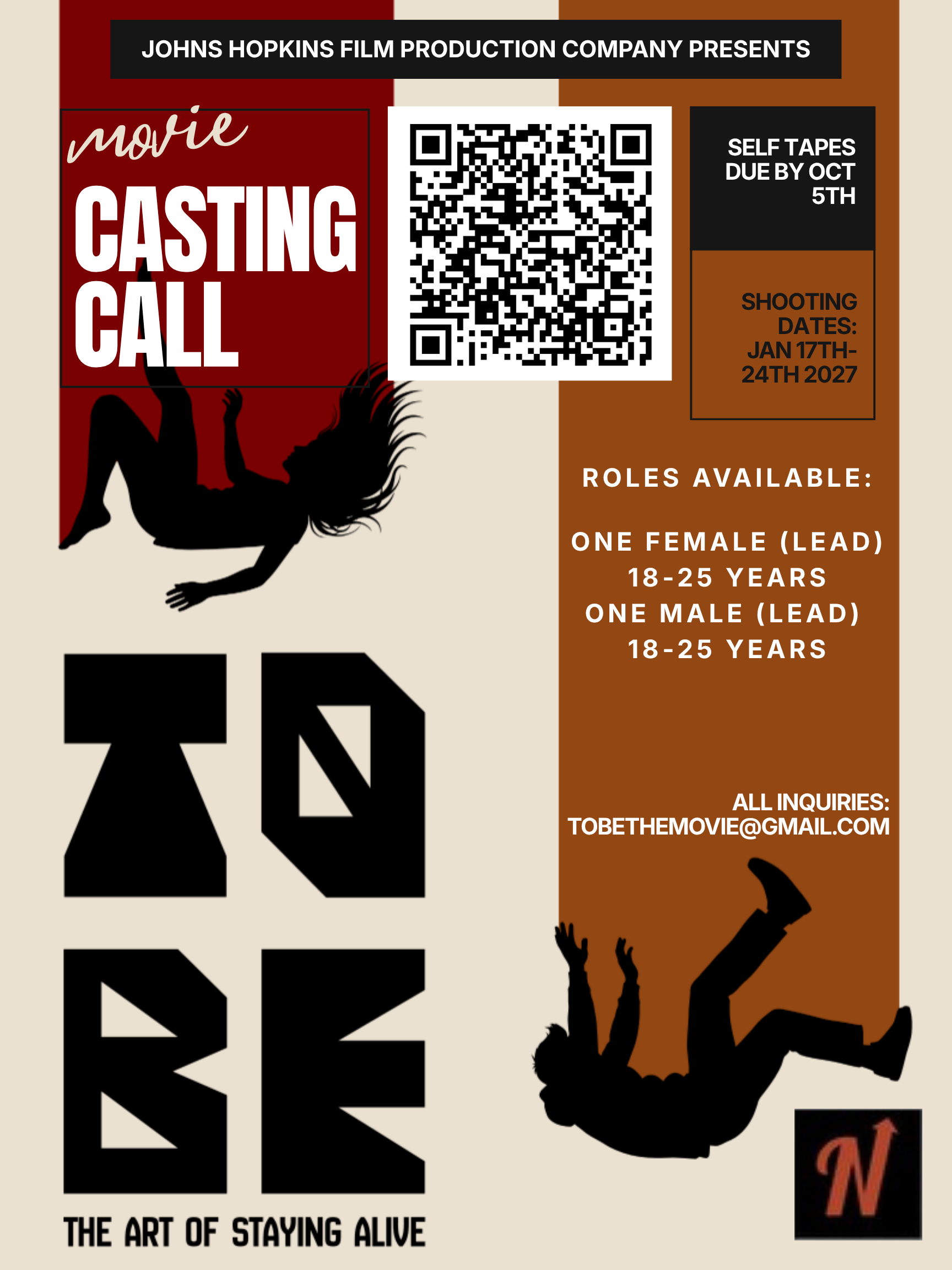 Casting Call for a Johns Hopkins Student Film. The image has a qr code to scan to sign up to register for auditions.