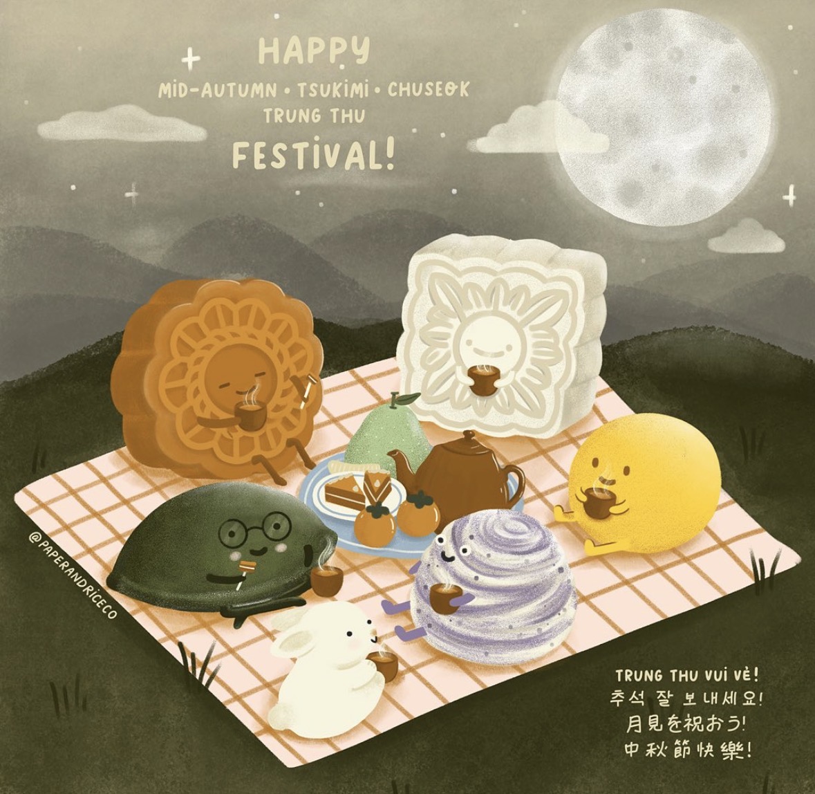 Artistic image of different Mid-autumn festival foods like mooncake and ricecakes. Text says, 'Happy Mid-Autumn, Tsukimi, Chuseok, Trung Thu".