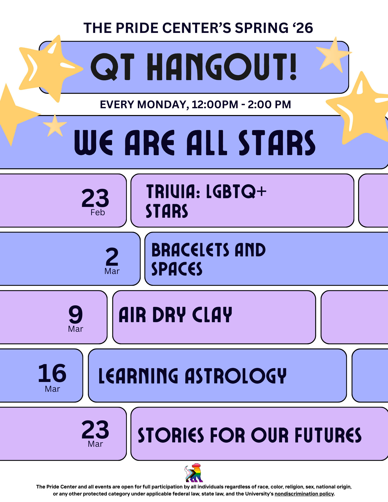 Blue and purple stripes on a white background. Yellow stars on the top of the page, with the words QT Hangout! We are all Stars! beneath. Feb 23rd is labeled trivia: LGBTQ stars, March 2nd is bracelets and spaces, march 9th is air dry clay, march 16th is learning astrology, and march 23rd is stories for our futures.