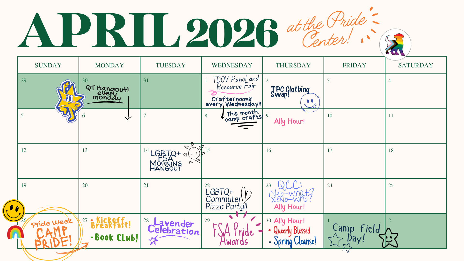 tan calendar with green text