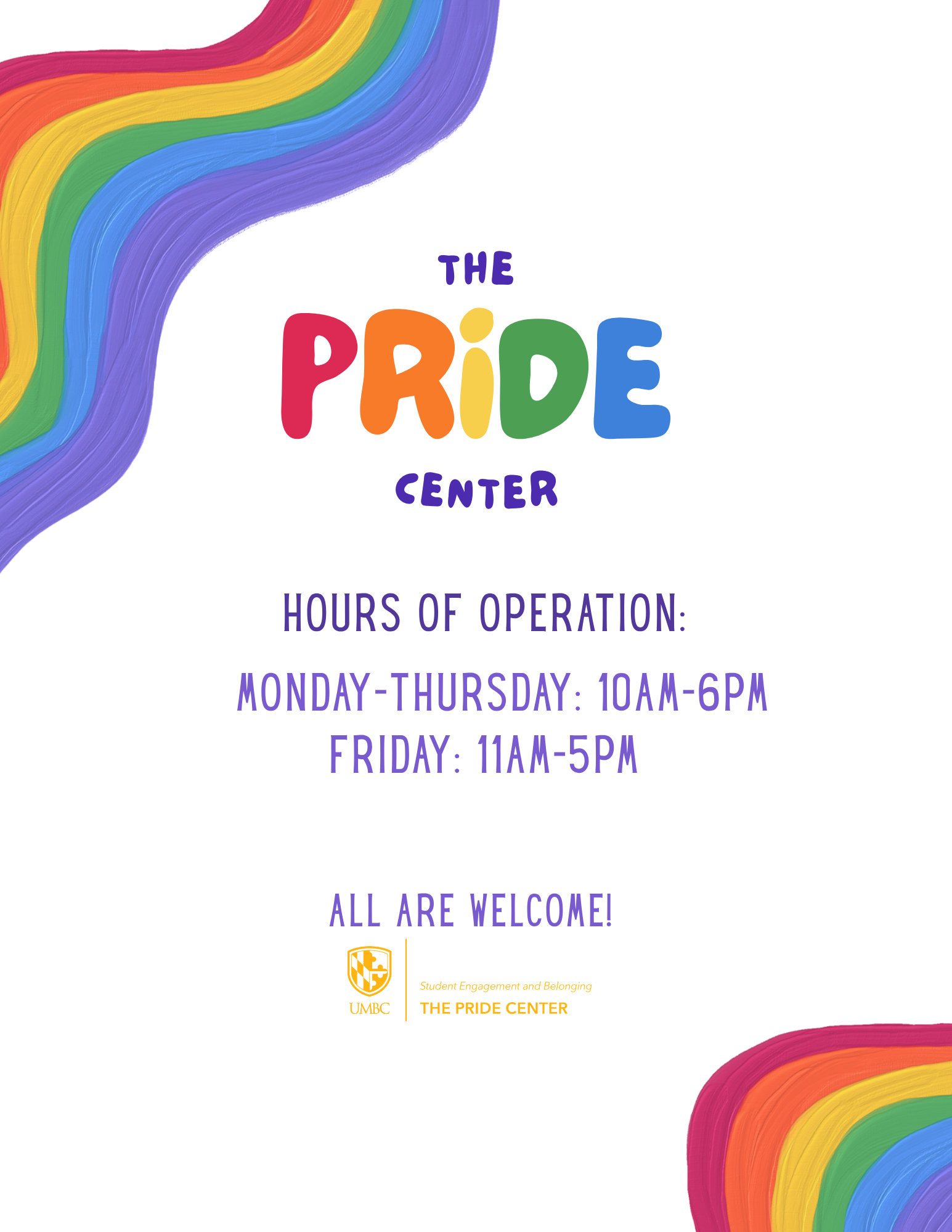 white background with rainbow squiggles. in rainbow text in the center is "the PRIDE center". below reads hours of operation: monday-thursday: 10-6. Friday: 11am-5pm