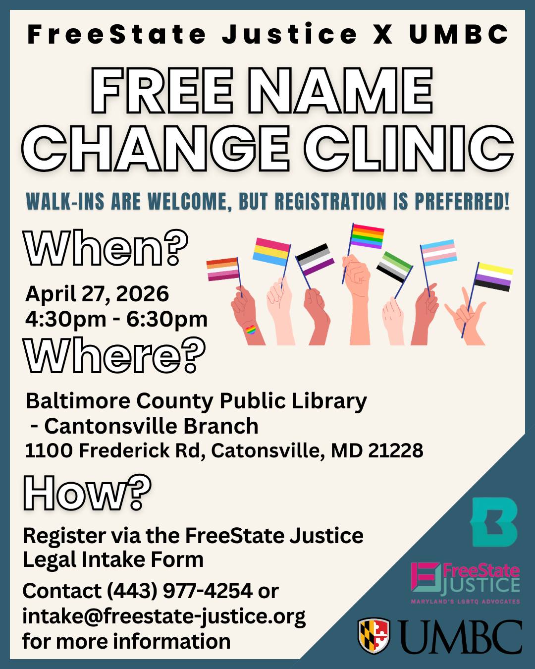 Flyer with hands holding various queer flags.