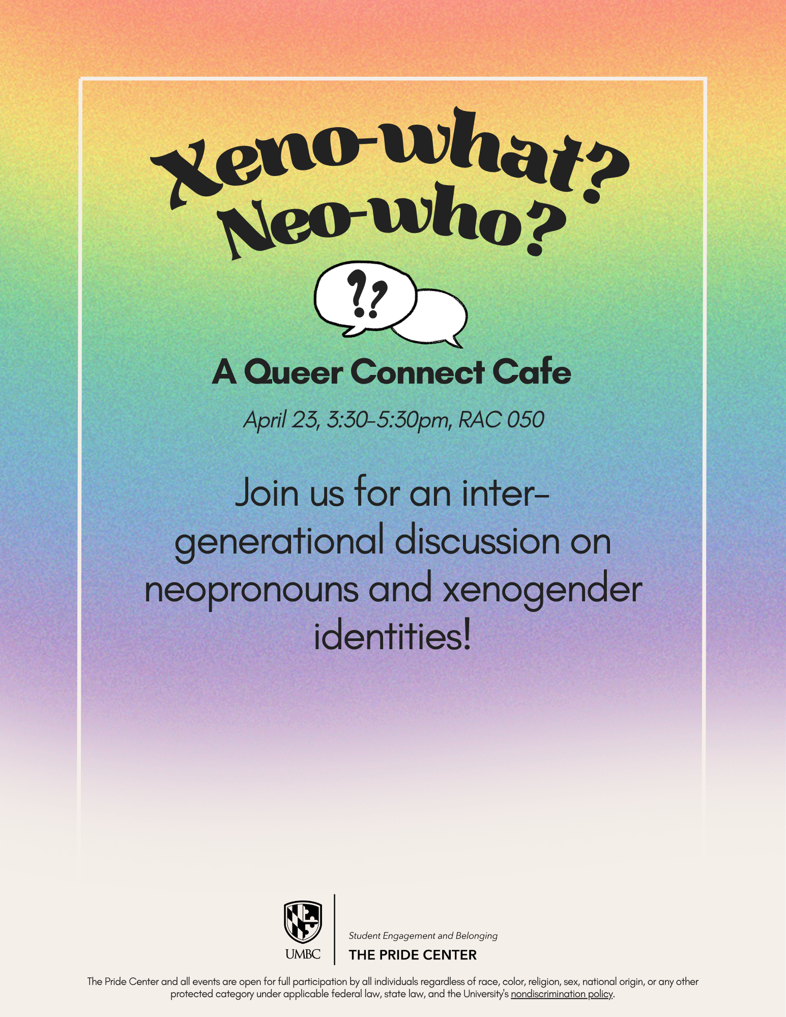 gradient rainbow background with the text 'xeno what? neo who?" above some speech bubbles