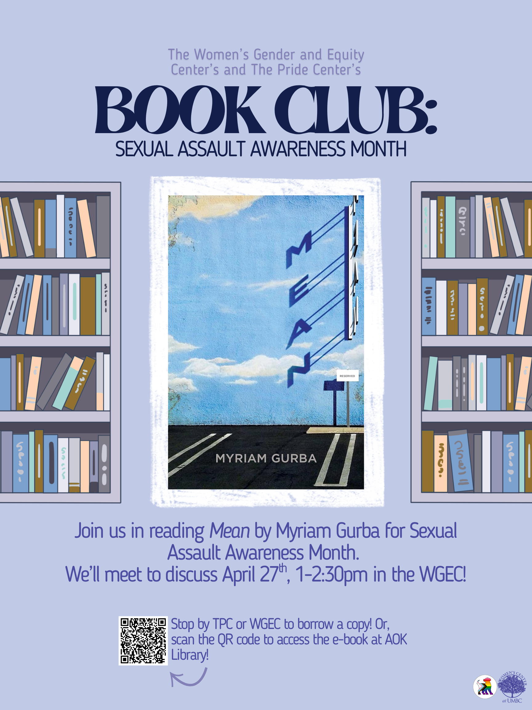 purple poster with the text "sexual assaul awareness month: book club!" with book shelves beneath and the cover of the book 'mean', by myriam gurba between