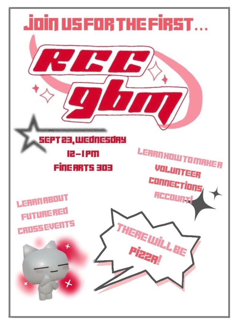 Flyer for the UMBC RCC first GBM featuring a bold red-and-pink retro-style design. The flyer announces a meeting on Wednesday, September 23, from 12–1 PM in Fine Arts 303. It highlights opportunities to learn about future Red Cross events, make volunteer connections, and get involved. A speech bubble says “There will be pizza!” The flyer also includes decorative stars, sparkles, and a small cartoon character.