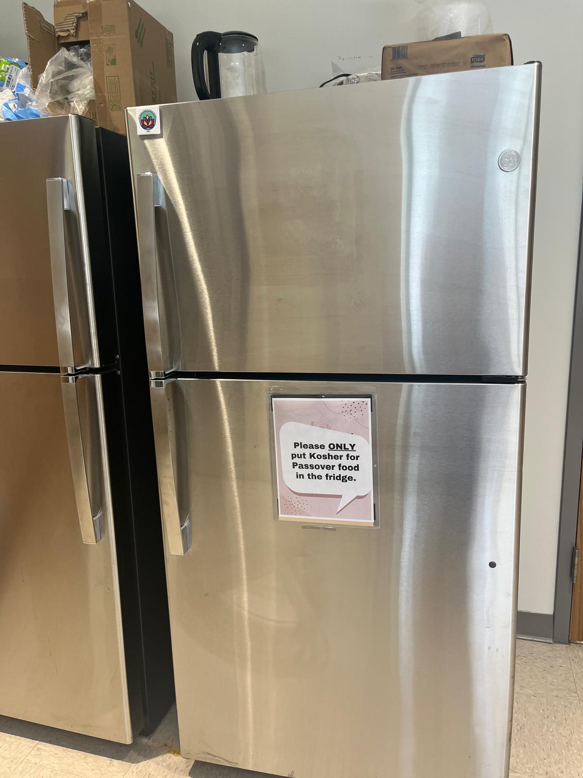 A photo of a fridge with a note that it is for Kosher for Passover food only