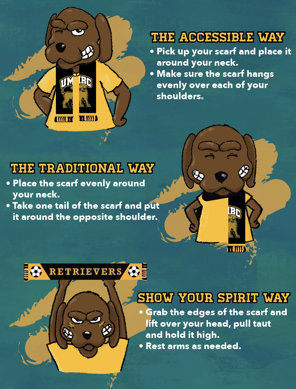 UMBC mascot demonstrating how to wear the soccer scarf. Wear it around the neck or hold it high to cheer on the UMBC Retrievers!
