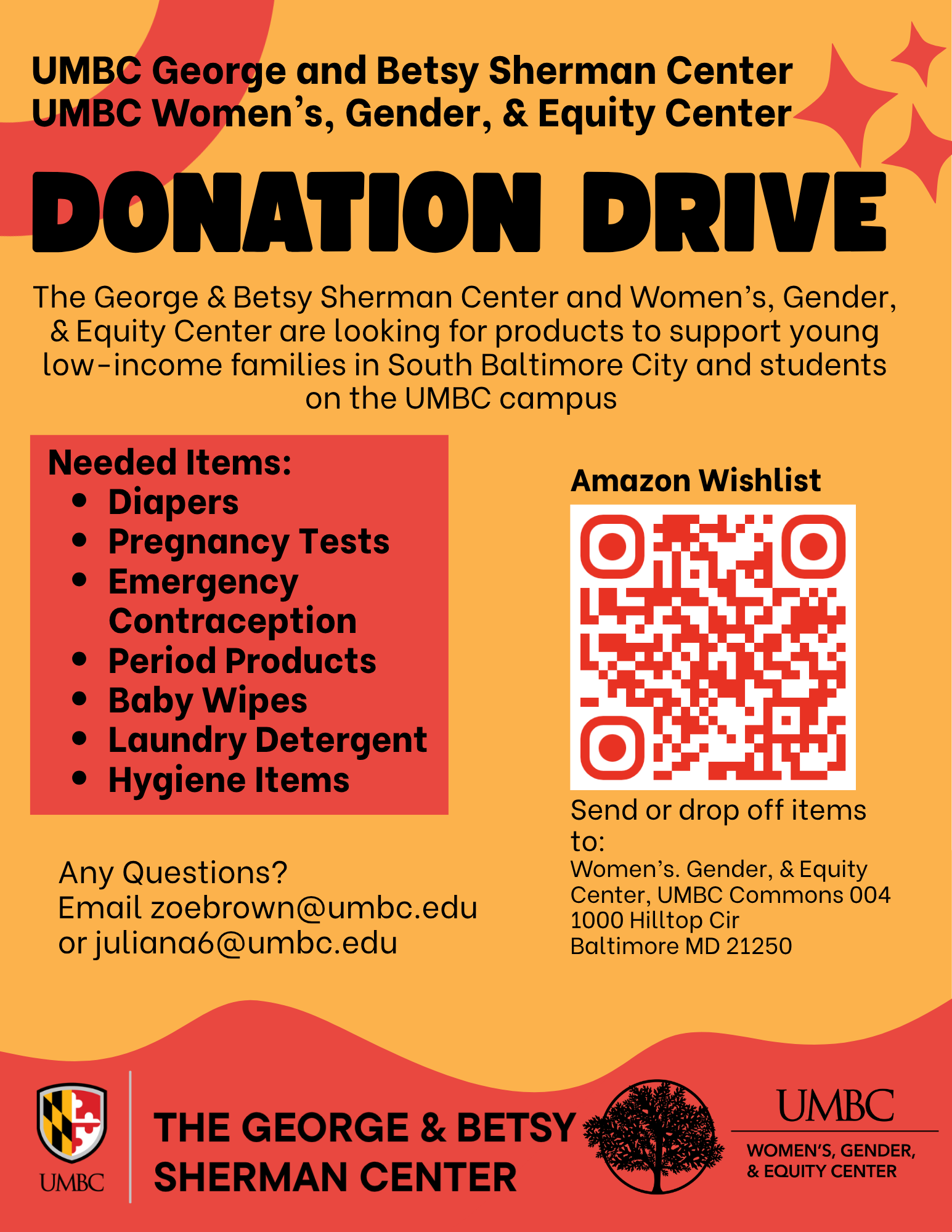 Donation Drive flyer with a QR code to the Amazon Wishlist
