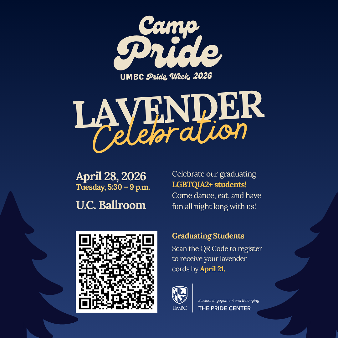 blue night sky with pine trees on the bottom. the text Lavender Celebration! is at the top, with a QR code to sign up for graduating seniors.