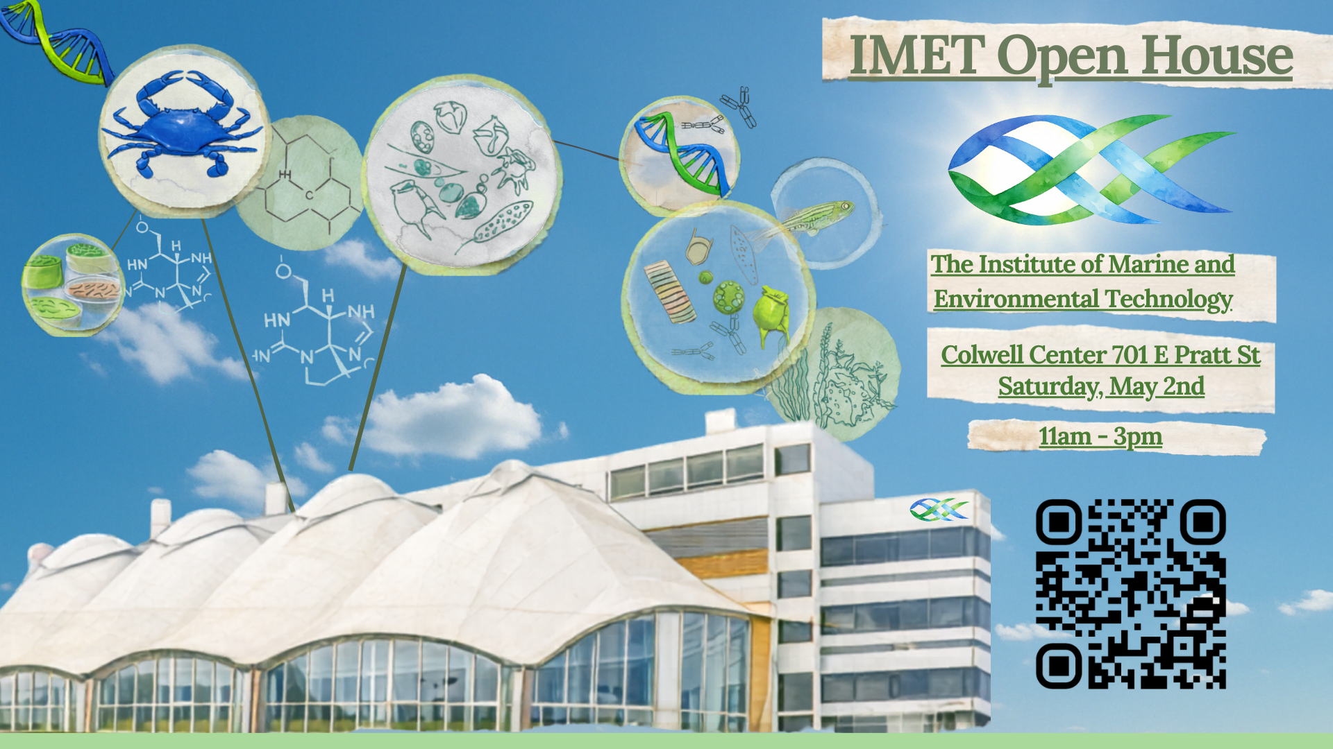 Bubbles containing scientific icons and crabs, fish, etc float over the IMET building's tent-like roof