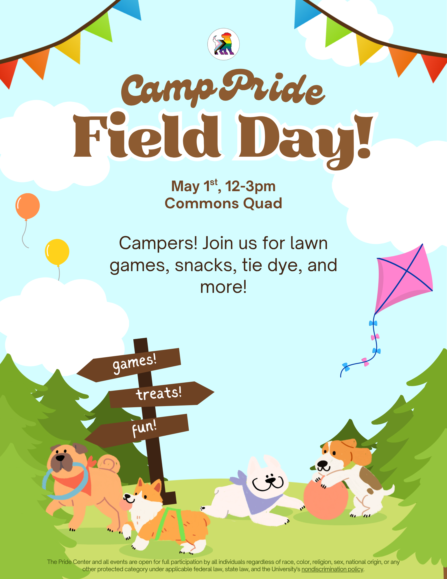 blue sky with clouds, and the text 'camp pride, field day!" in brown letters surrounded by pennant flags. below is a campground with pine trees and puppies playing with each other
