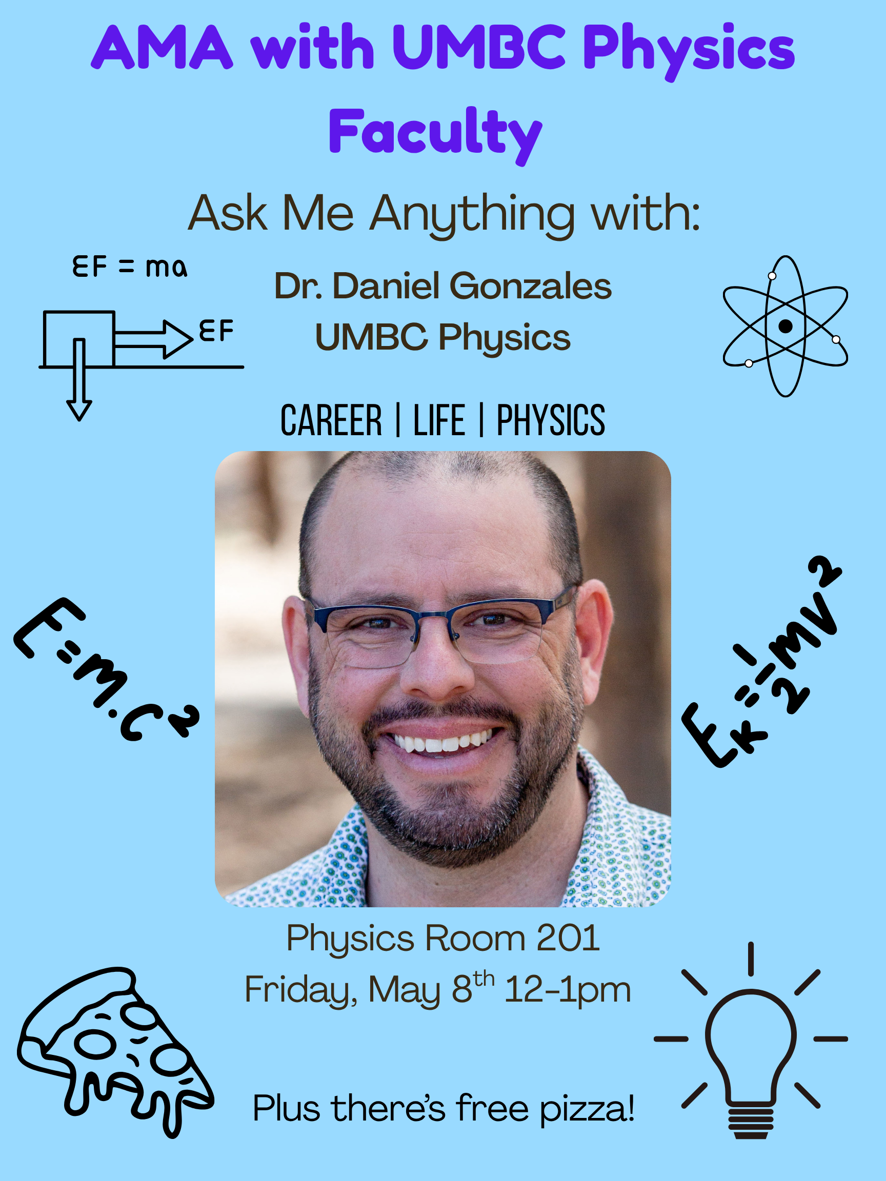 A promotional flyer for an event titled "AMA with UMBC Physics Faculty." The flyer features a central portrait of Dr. Daniel Gonzales from UMBC Physics, who is smiling and wearing glasses. Below his photo, the event details are listed: Physics Room 201 on Friday, May 8th from 12–1pm.The design includes various physics-themed icons and equations scattered around the portrait:Top Left: A diagram of a block with force arrows and the equation $\sum F = ma$.Top Right: A simplified model of an atom.Middle Left: Einstein’s energy-mass equivalence equation, $E = mc^2$.Middle Right: The kinetic energy formula, $E_k = \frac{1}{2}mv^2$.Bottom Left: A line drawing of a pizza slice.Bottom Right: A lightbulb icon.Text at the top indicates the "Ask Me Anything" session will cover CAREER | LIFE | PHYSICS, and a note at the bottom highlights, "Plus there’s free pizza!" The background is a solid light blue.