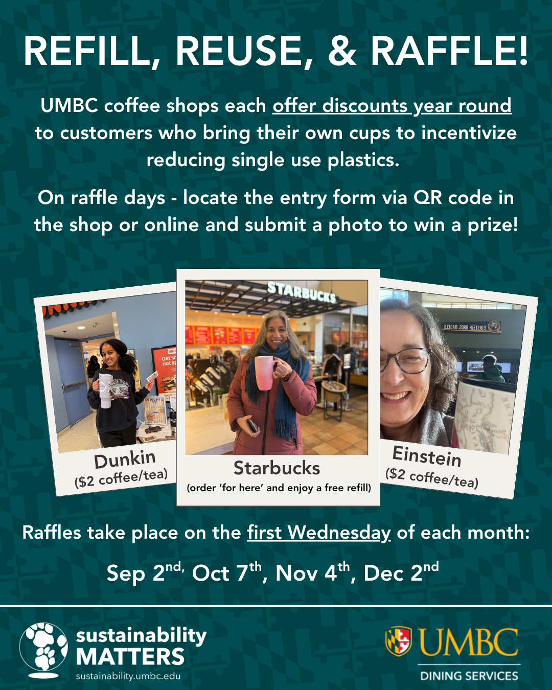 Flyer with discount descriptions and images of past participants with their reusable cups.