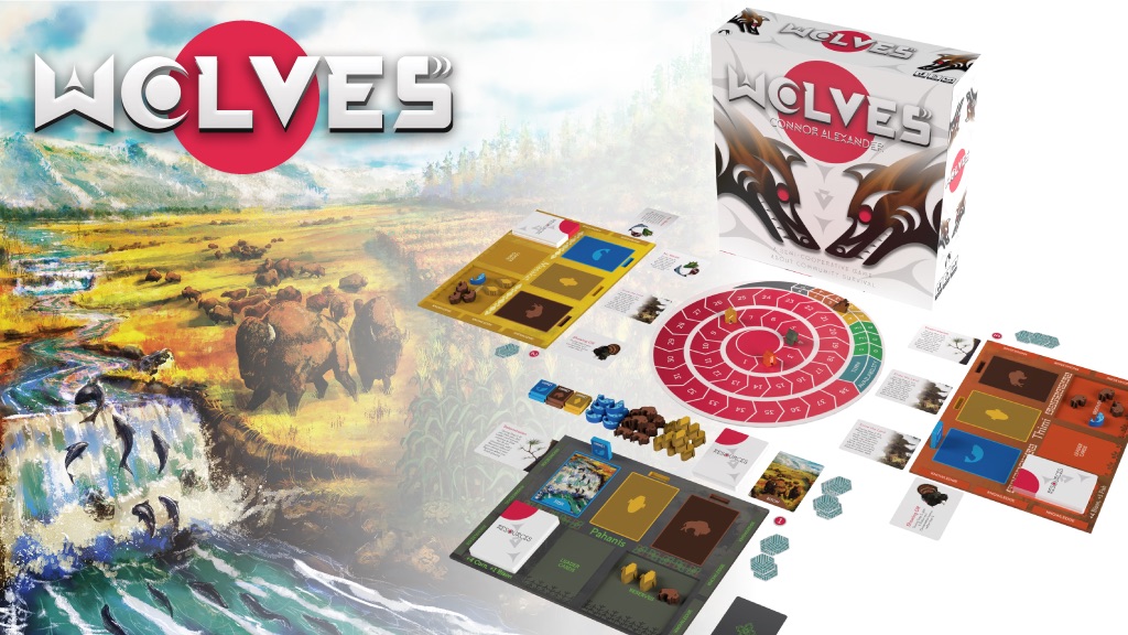 A board game is laid out on a table with cards and dice on top.