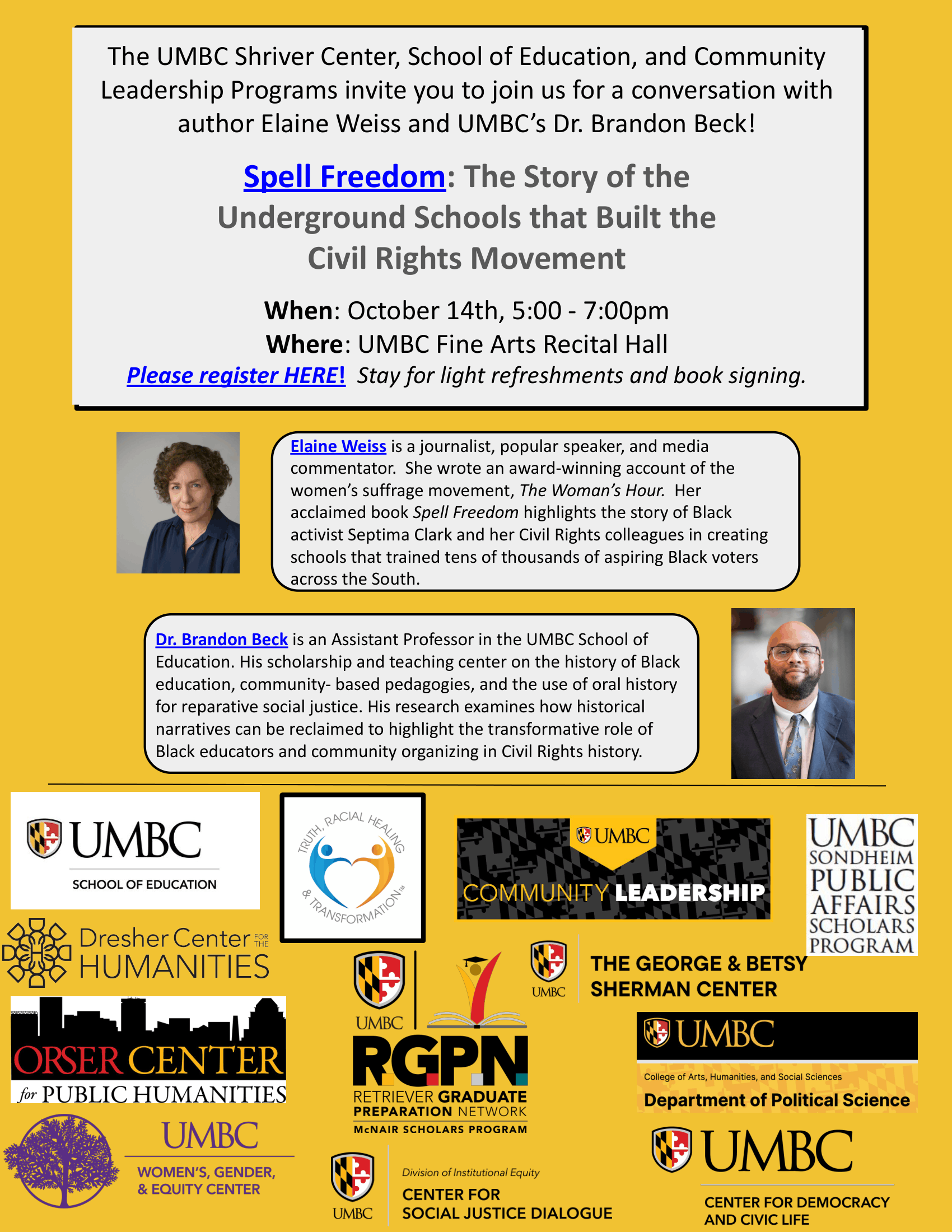A flyer promoting the Spell Freedom event on October 14th from 5-7pm at the Recital Hall in the Fine Arts Building.