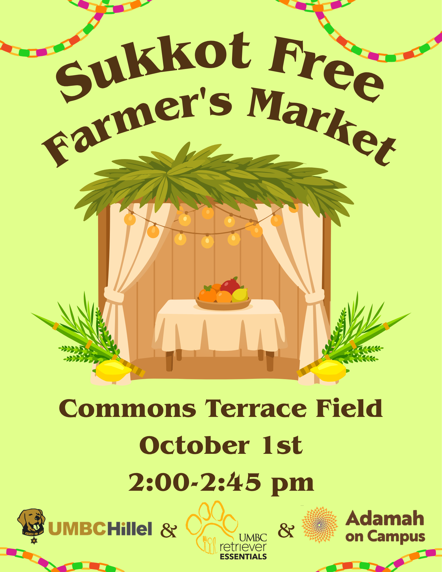 Flyer for the Sukkot Free Farmer’s Market, hosted by Retriever Essentials with UMBC Hillel and Adamah on Campus. The event is October 1st from 2:00 to 2:45 pm at Commons Terrace Field.