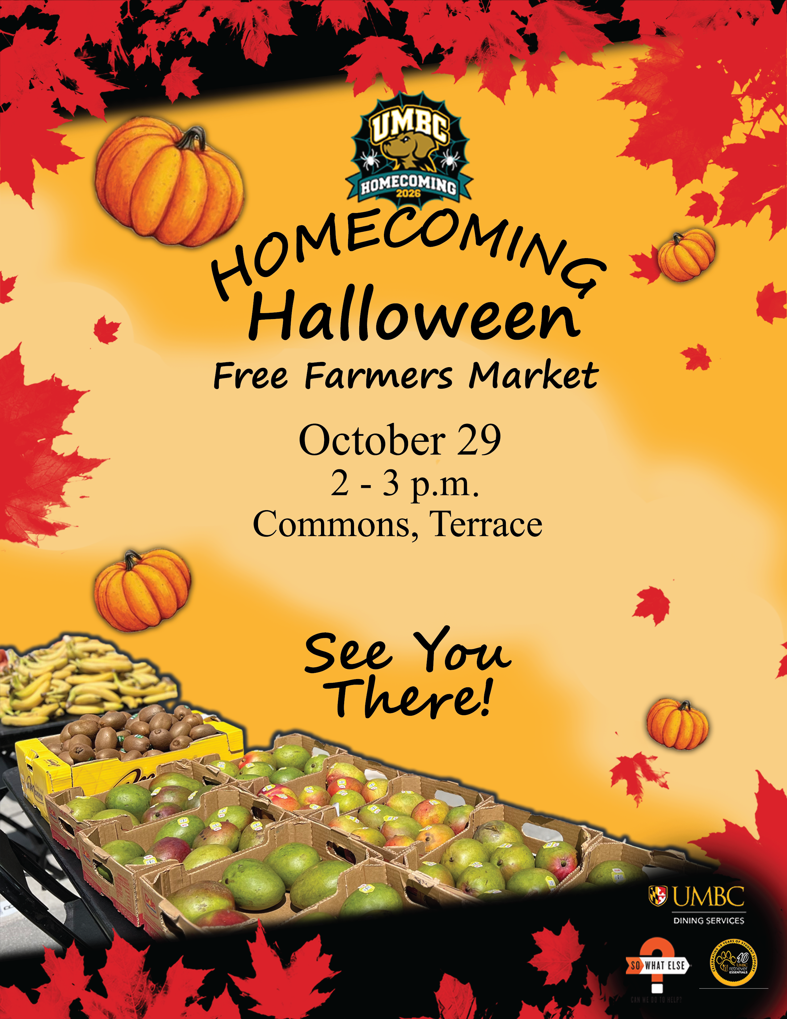 UMBC Homecoming Halloween Free Farmers Market flyer: October 29, 2026, 2–3 p.m., Commons Terrace. Decorated with pumpkins, and autumn leaves.