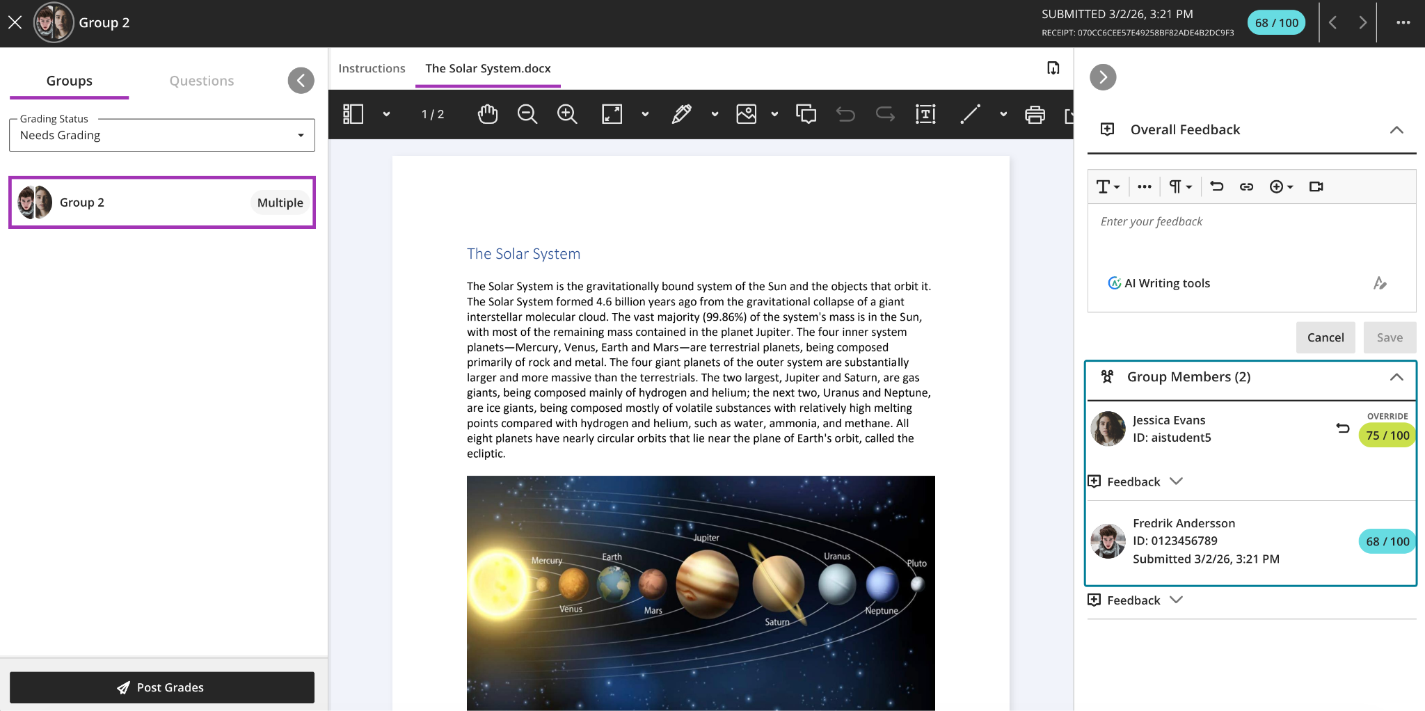 Image 4: Instructors can adjust grades for individual students within a group submission.