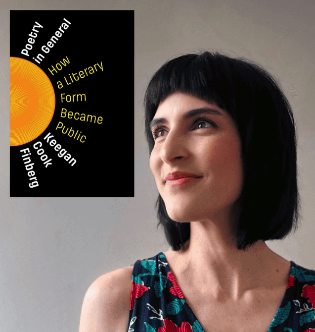 Portrait of a light-skinned woman with shoulder-length black hair wearing a colorful dress with a book cover at the top left
