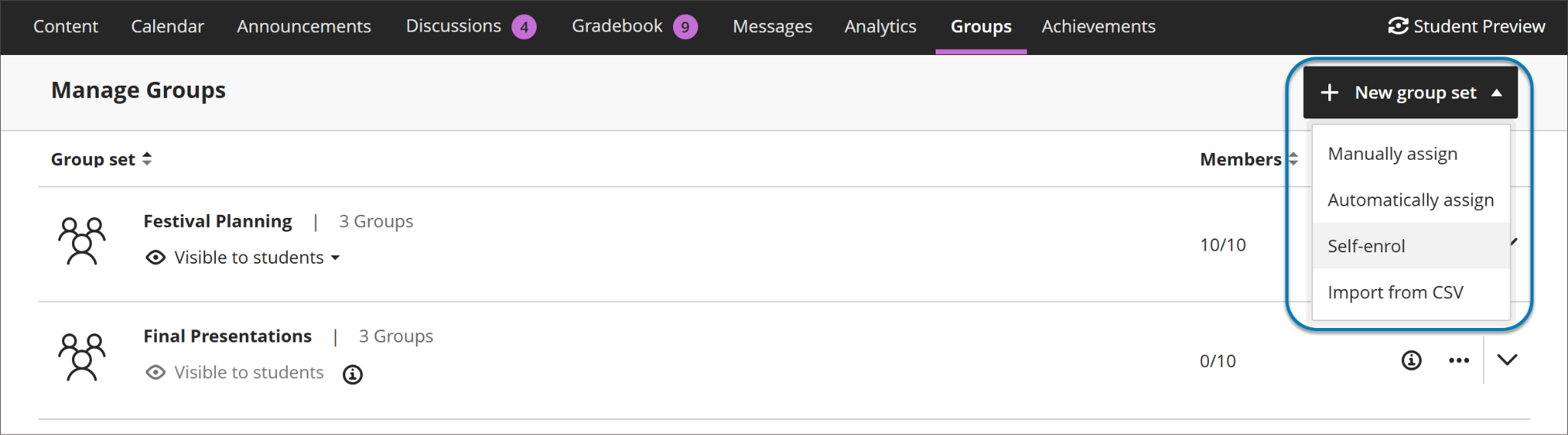 Image 2. Instructors can now sort group members by first or last name, student ID and sort groups by group name or number of members.