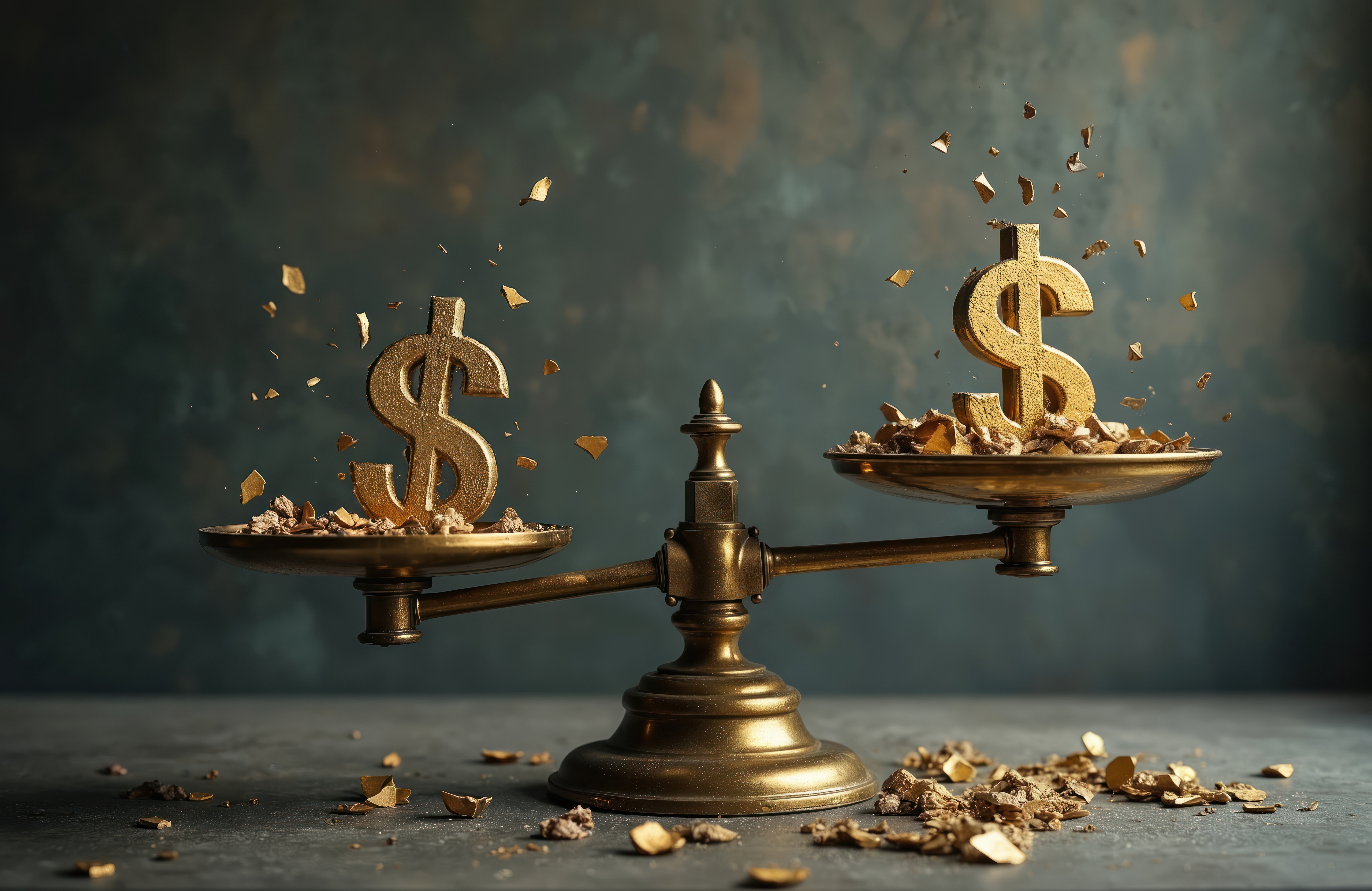 An artistic image featuring an antique brass scale balanced on a textured gray surface against a dark, moody background.