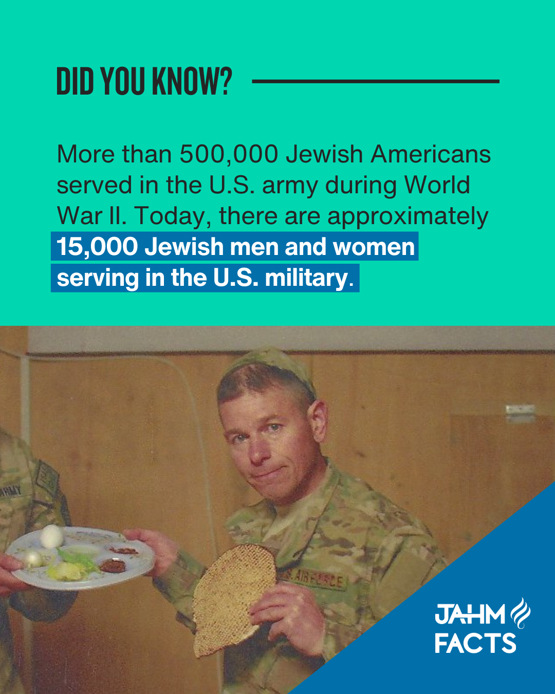 Did You Know? More than 500,000 Jewish Americans served in the U.S. army during World War II. Today, there are approximately 15,000 Jewish men and women serving in the U.S. military.