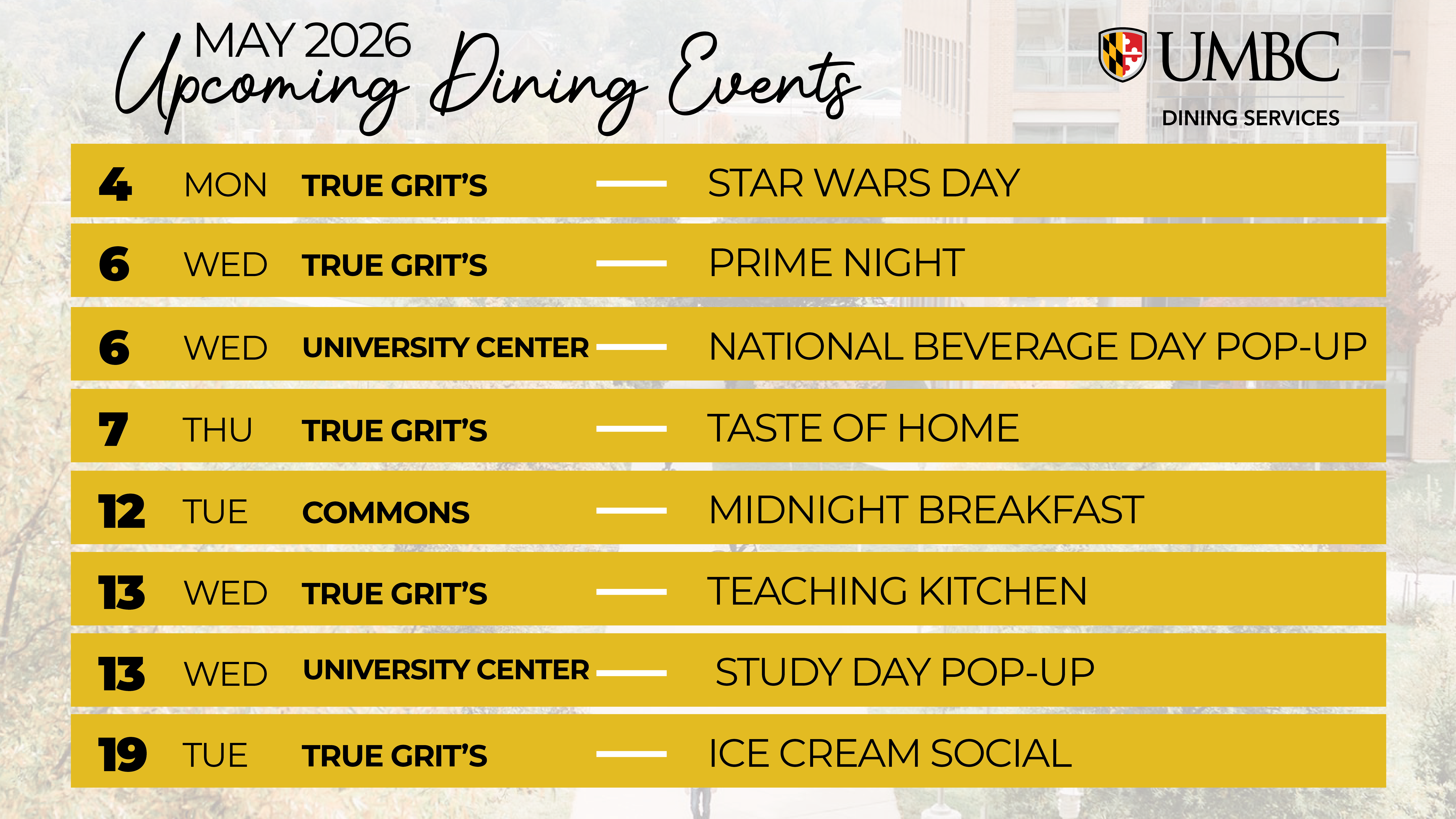Here is the descriptive alt text for your image, optimized for screen readers and accessibility:  **Alt Text:** "Flyer titled 'MAY 2026 Upcoming Dining Events' featuring the UMBC Dining Services logo. The flyer lists the following schedule: May 4, Mon: Star Wars Day at True Grit’s; May 6, Wed: Prime Night at True Grit’s; May 6, Wed: National Beverage Day Pop-up at the University Center; May 7, Thu: Taste of Home at True Grit’s; May 12, Tue: Midnight Breakfast at the Commons; May 13, Wed: Teaching Kitchen at True Grit’s; May 13, Wed: Study Day Pop-up at the University Center; May 19, Tue: Ice Cream Social at True Grit’s."