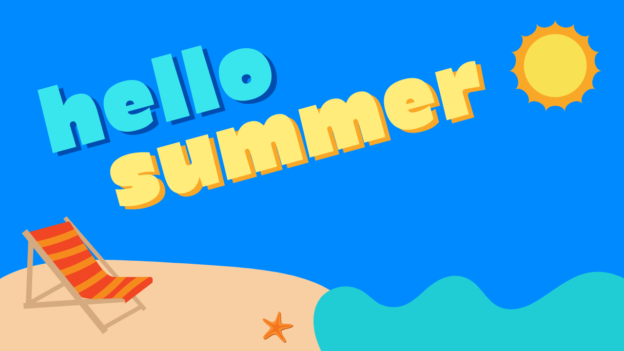 An illustration depicting a sunny beach scene with the words "hello summer" written in big letters