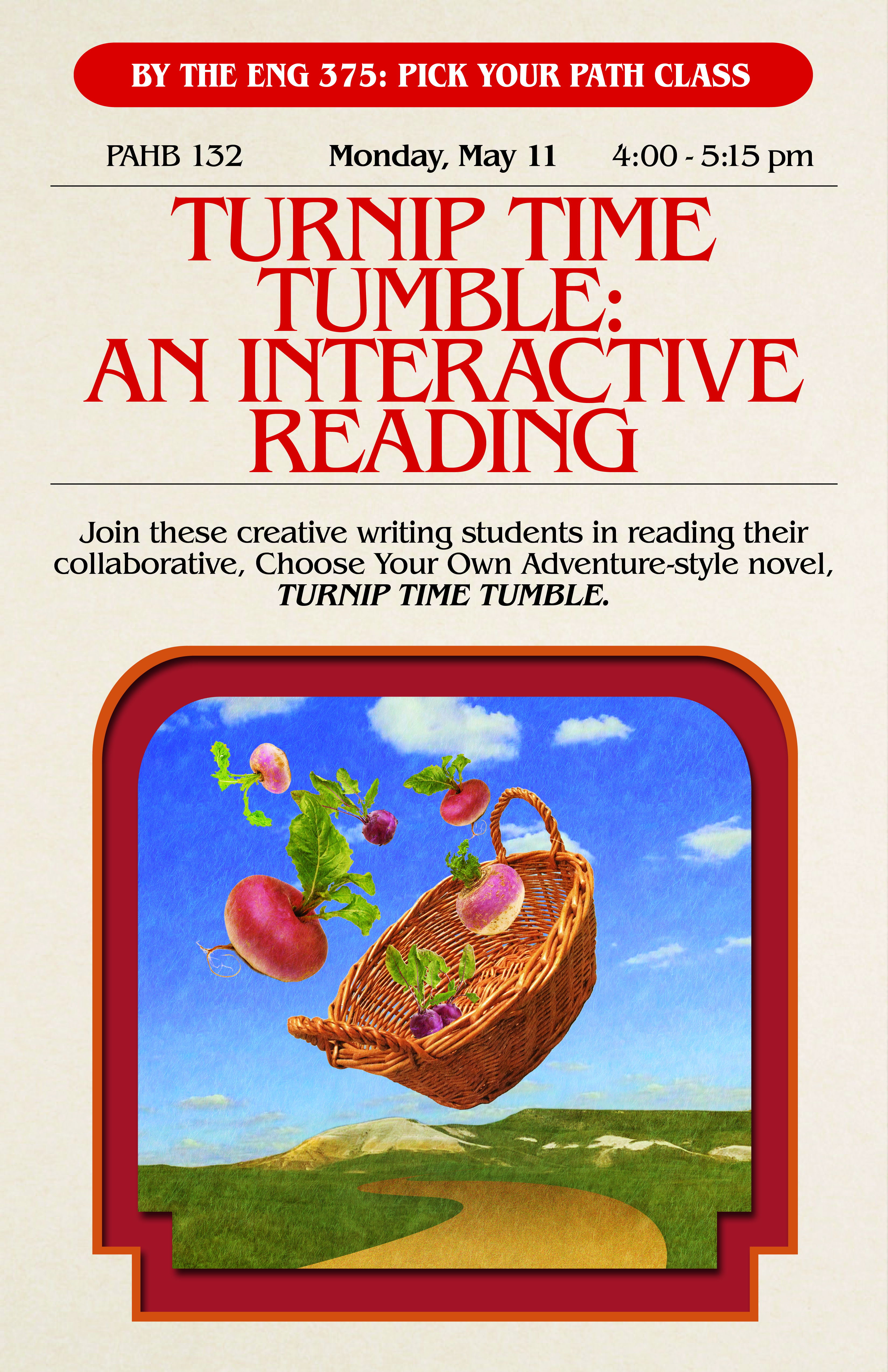 Turnip Time Tumble: An Interactive Reading Flyer with image of retro book cover and image of basket with turnips in a mountain path and sky landscape