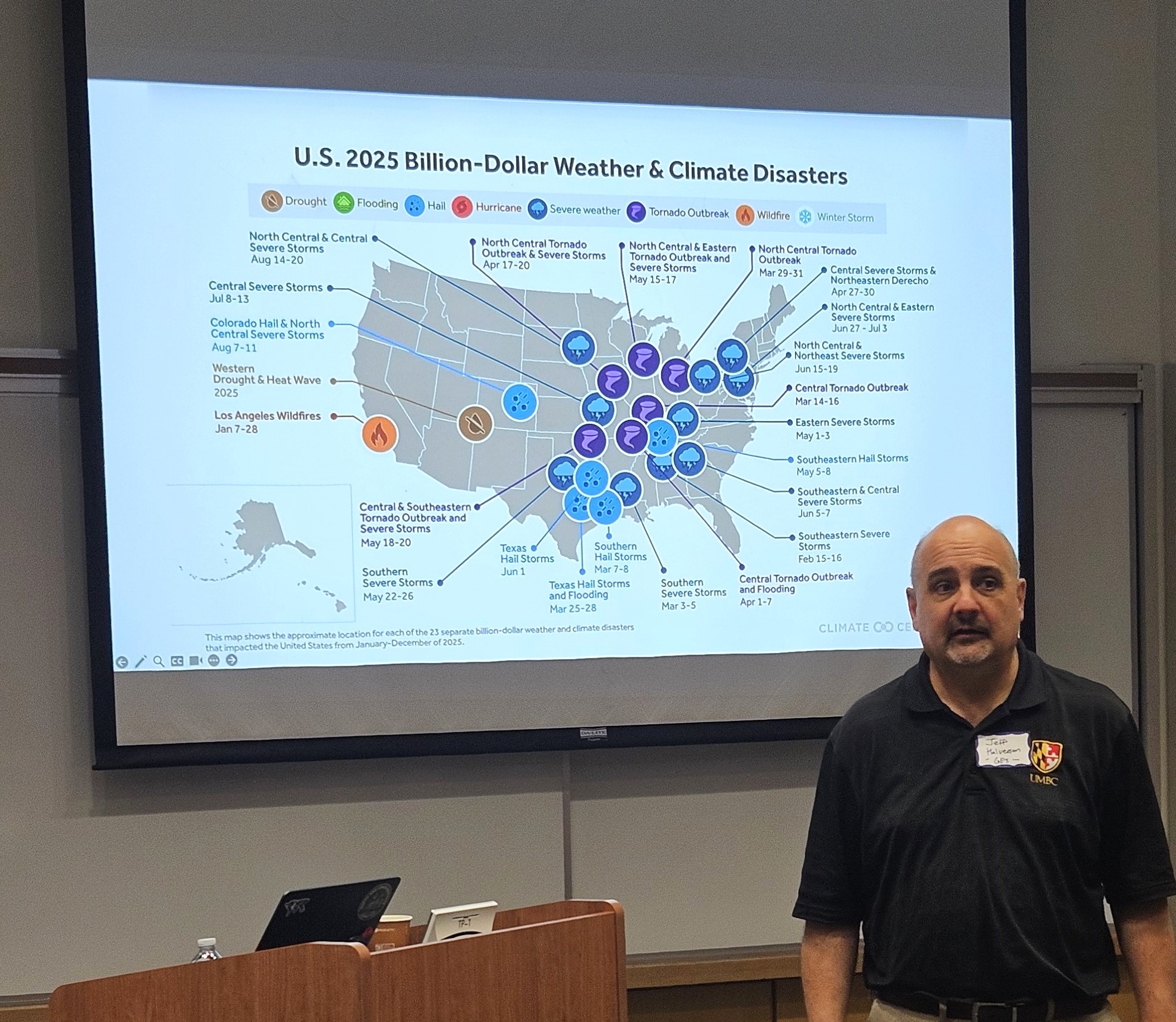 Jeff shows slide with different disasters from 2025, note there are no hurricanes.